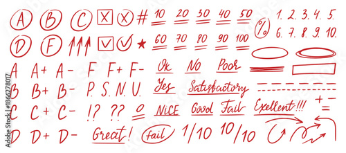 Test red pen marks. Teacher scores for homework or exam, numbers, words, letters. School college university score doodle hand drawn style, neoteric vector set