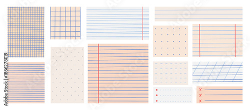 Sheets for notes. Paper sheet template with hand drawn lines, grids, dots. Notebook papers, checklist and marks design for journal, daily planner, neoteric vector set