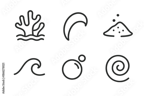 Reef Claw Icons. Line vector icons of Reef Claw Habitat: reef shape, curved claw tip, sand fleck, tide curl, bubble point, marine