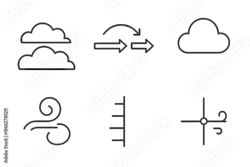 Cloud Formation Icons. Line style icons of cloud formation guides: layered sky symbols, weather front arrows, cumulus outline,