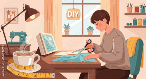 Young person with glasses carefully cutting fabric for a sewing project.