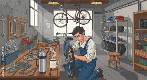 Young mechanic in blue overalls carefully repairing a bicycle wheel.