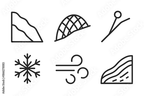 Aerial Slope Icon Set. Line vector icons of Aerial Slope Support: slope edge, aerial frame, support cord, frost speck, gust curl,