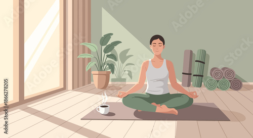 A serene woman practicing mindfulness meditation in a lotus pose.