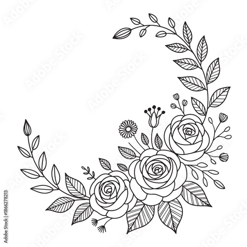 Elegant Hand Drawn Floral Wreath with Roses and Leaves