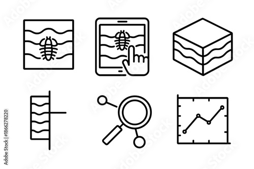 Paleodata Visualization Icons. Line style icons of paleodata visualization tools: fossil data layers, interactive tablet display,