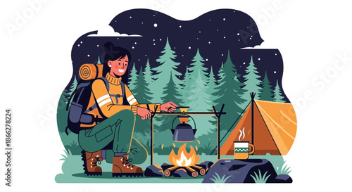 A solo female traveler with a large backpack sitting by a campfire.