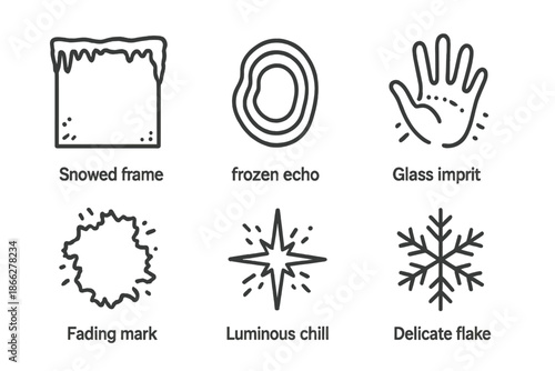 Frosted Past Icons. Line style icons of Frosted Past: snowed frame, frozen echo, glass imprint, fading mark, luminous chill,