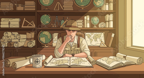 A thoughtful cartographer in a vintage outfit studying a large map at his desk.