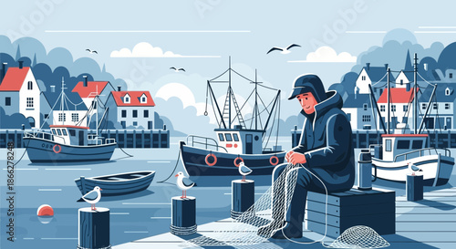 A solitary fisherman in a dark hooded jacket and cap sits on a pier mending his net.