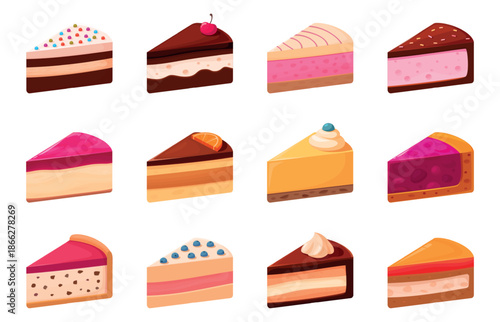 Cake pieces icons. Sweet cakes piece, dessert for birthday, anniversary, wedding. Party cafe food with cream, berry, marmalade, fruit mousse, sapid vector set