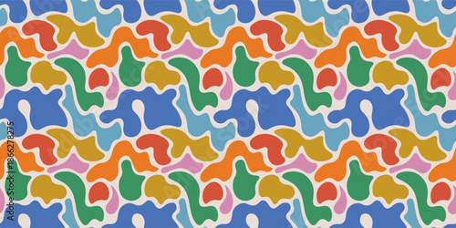 Seamless abstract organic pattern with multicolor fluid shapes on white background modern decorative design for textiles wallpapers wrapping paper contemporary artistic vector art