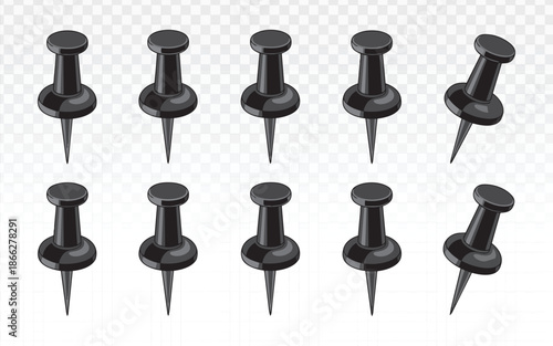 Set of realistic black push pins in multiple angles, clean vector illustration isolated on transparent background, ideal for office supplies, maps, notice boards, UI icons, and presentation design.