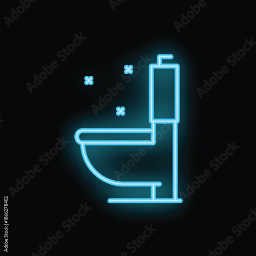 Blue neon icon of a toilet bowl is glowing on a black background