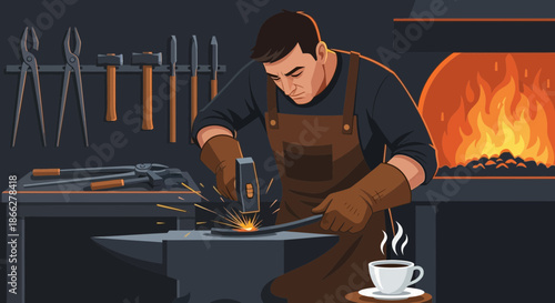 Dedicated blacksmith meticulously shaping a piece of hot metal on an anvil.