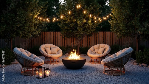 Cozy Summer Evening Around Modern Fire Pit with Wicker Chairs and Cushions.