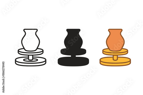 Minimalist Spinning Wheel Icons. Minimalist icon of spinning wheel base with rising vessel silhouette in smooth rhythm, first in