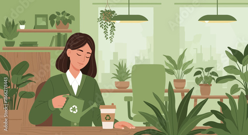 Eco conscious woman watering a plant with a recycling symbol can.