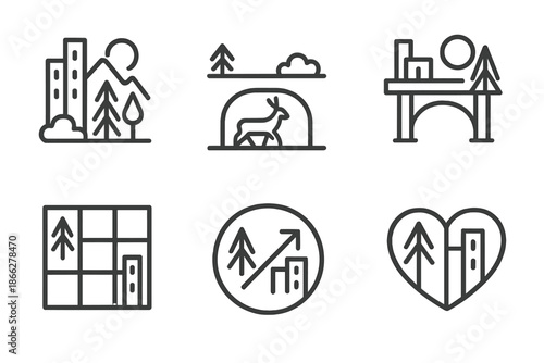 Urban Coexistence Icons. Line style icons of urban coexistence frameworks: city and forest outline, wildlife passage under road,