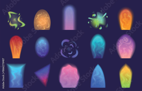 Portal effects. Shine vibrant effect, liquid glow plasma. Magic vortex, glowing fantasy teleports. Fantastic computer game elements, sapid vector set