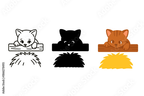 Kitten on Wooden Beam. Tiny kitten resting on wooden beam above hay pile, gazing down, first in line style with thin outline,