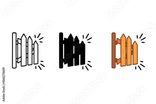 Animated Wooden Gate. Wooden gate silhouette with animated squeak lines radiating from hinge point, first in line style with thin