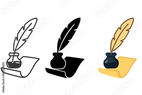 Quill and Ink Styles. Close-up of quill dipped into dark ink with parchment sheet beneath, first in line style with thin outline,