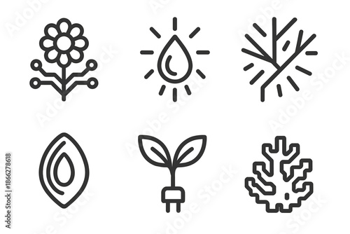 Hybrid Wilderness Icons. Line style icons of Hybrid Wilderness: circuit flower, glowing droplet, radiant branch, neon seed,