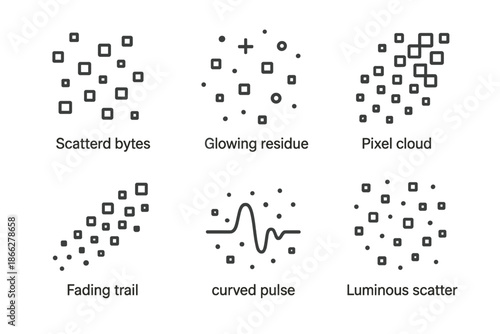 Data Fragments Line Art. Line style icons of Data Fragments: scattered bytes, glowing residue, pixel cloud, fading trail, curved