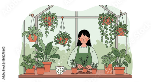 Happy young woman in a green apron potting a small plant at a table.