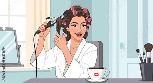 Happy young woman in a white bathrobe styling her hair with a curling iron and rollers.