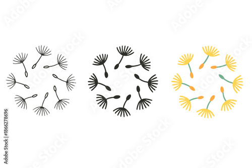 Floating Dandelion Seeds. Floating dandelion seeds, circular swirl pattern, soft shadows, first in line style with thin outline,