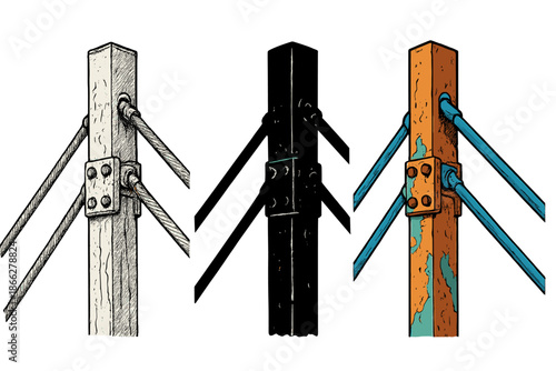 Artistic Cable Evolution. Suspension cables, oxidized joints, peeling paint, first in line style with thin outline, second in