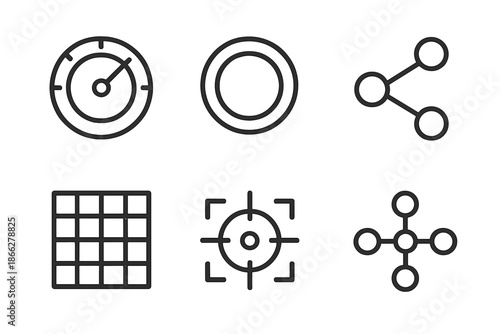 Cohesive Clarity Instruments. Line style icons of cohesive clarity instruments: vision calibration dial, precision flow ring,