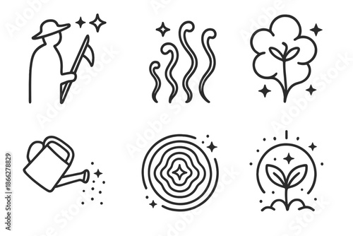 Cosmic Garden Harmony. Line style icons of nebula garden tenders: gardener silhouette under stars, vapor trail plants, cloudlike
