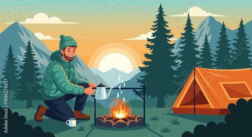 Man in a green jacket and beanie preparing a hot drink over a campfire.