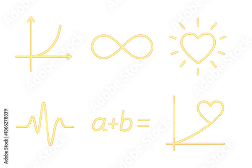 Algebraic Heart Icons. Line style icons of Algebraic Heart: glowing function curve, curved infinity line, radiant heart symbol,