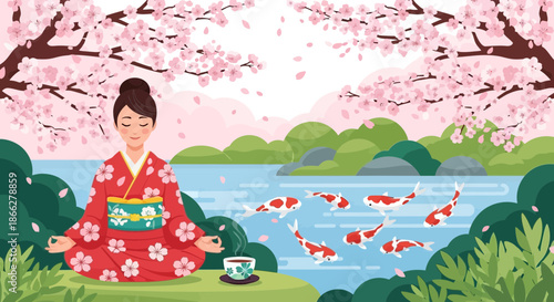 Japanese woman in a red floral kimono meditating peacefully.