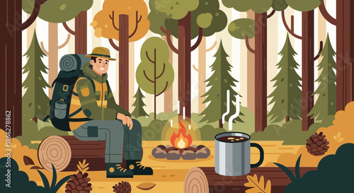 Male hiker with a large backpack resting by a campfire in the woods.