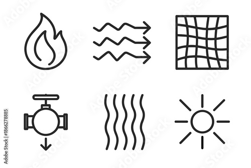 Architectural Energy Icons. Line style icons of anger channel architects: flame contour within boundary, dynamic energy arrows,