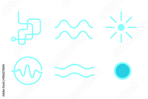 Submerged Network Icons. Line style icons of Submerged Network: glowing wire path, curved current line, radiant spark, drifting