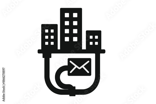 Pneumatic Cityscape Icon. Solid style icon of a cityscape with visible pneumatic tube network, representing pneumatic citizen mail