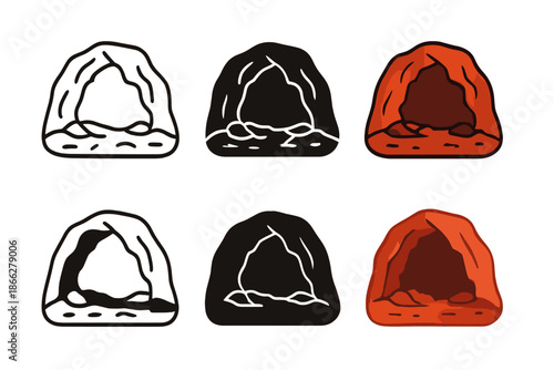 Stylized Cave Designs. Dark cave interior with iron-rich walls and reddish metallic deposits, minimal vector icon, first in line