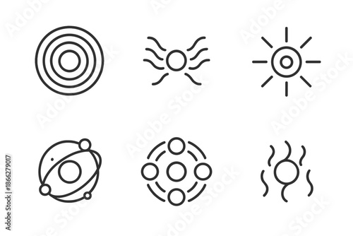 Radiant Pull Icons. Line style vector icons of Radiant Pull: magnetic rings, light waves, glowing centers, orbiting dots, gentle