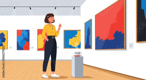 Stylish young woman with short brown hair admiring abstract art.