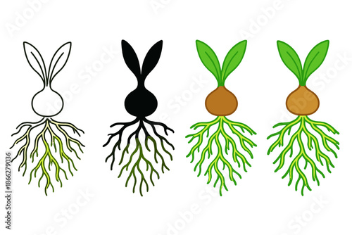 Luminous Plant Roots. Geophyte plant with luminous underground network of roots, clean minimalist vector, first in line style with