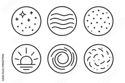 Shimmer Field Icons. Line style vector icons of Shimmer Field: golden glow, smooth ripples, static dots, warm light, circular