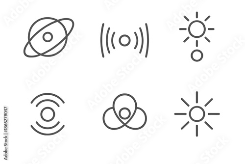 Soft Magnetism Icons. Line style vector icons of Soft Magnetism: orbiting lines, curved energy, light attraction, pulsing warmth,
