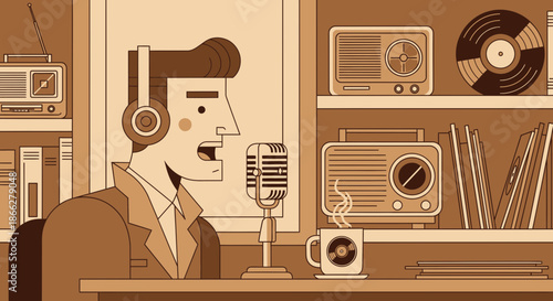 Vintage style illustration of a radio host with headphones and microphone.