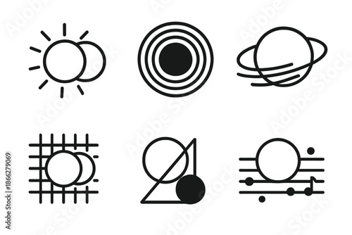 Eclipse Iconography. Line style icons of eclipse composition devices: sun-moon overlay circle, tonal frequency ring, harmonic